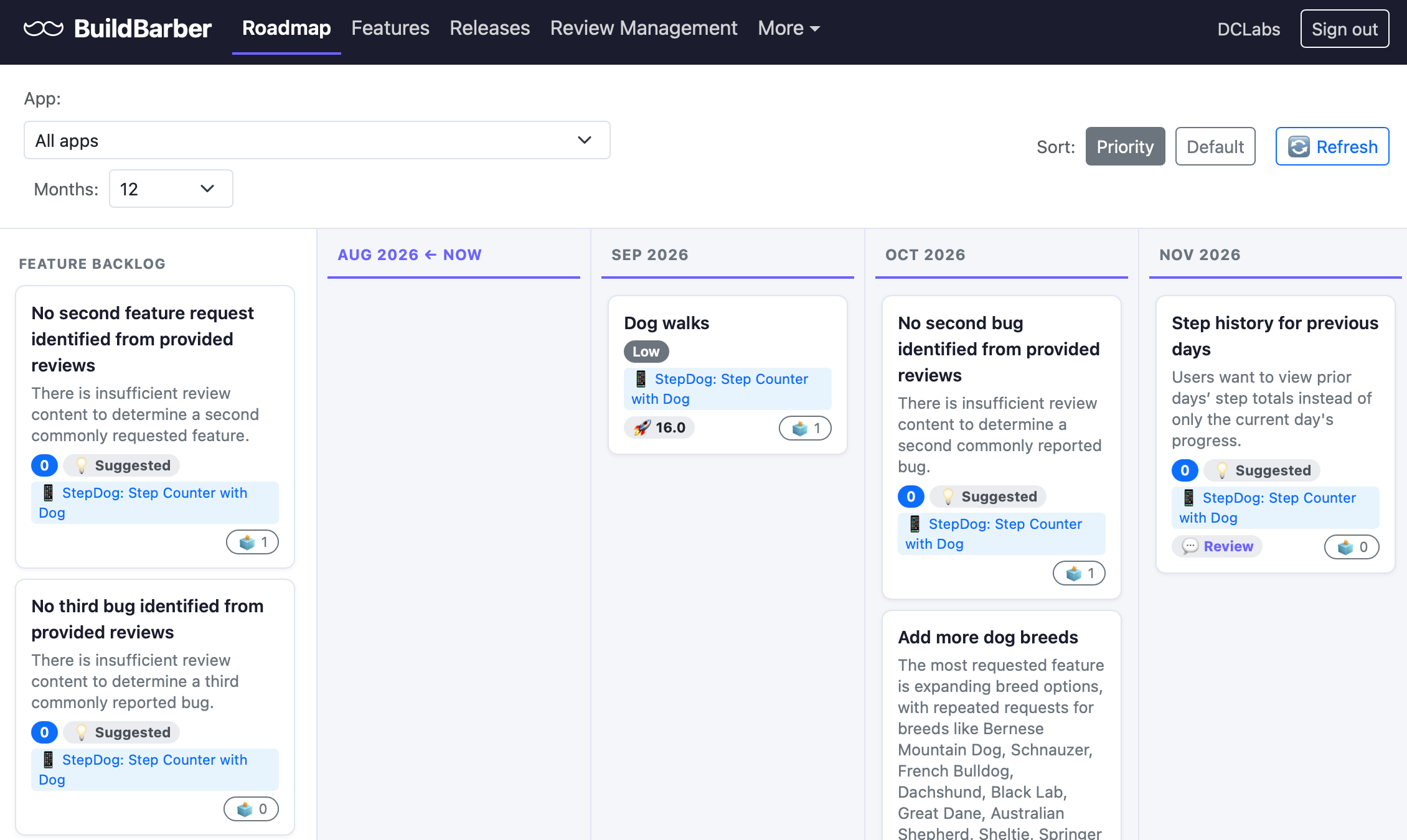 BuildBarber app showing roadmap voting and App Store review management